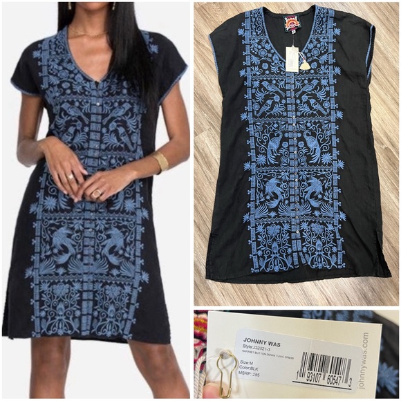 NWTs Johnny Was $285 Black Tunic Dress with Blue Embroidery - Picture 1 of 10